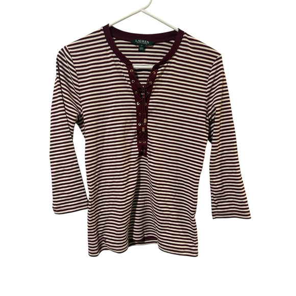 Vintage Ralph Lauren Size Medium Maroon Striped 3/4 Sleeve Blouse - Picture 1 of 3